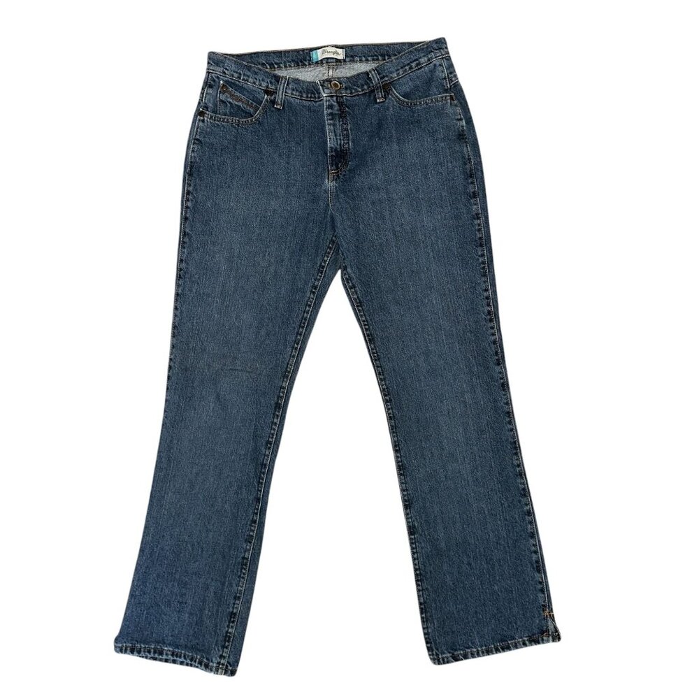 Wrangler Straight Leg Juniors Womens Jeans 11 12 32 Medium Wash Pockets Logo - Picture 2 of 8